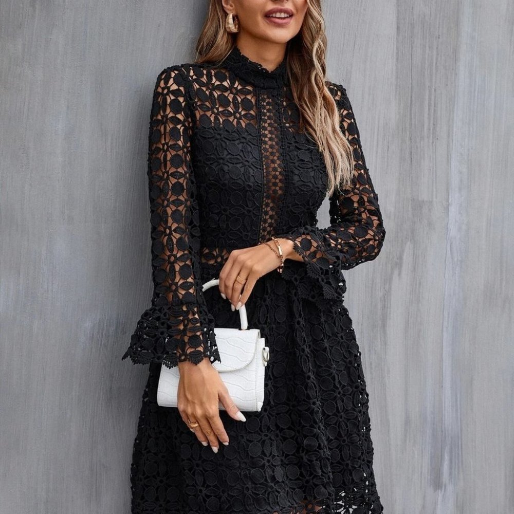BOHO ELEGANCE Mock Neck Flounce Sleeve Lace Dress BLACK - Picture 1 of 6